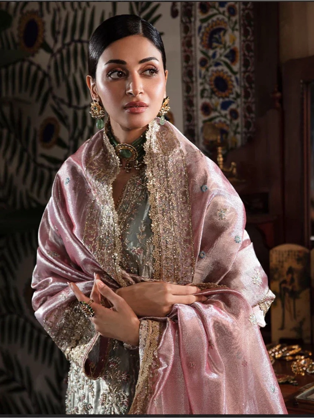 MUSHQ Embellished silk dress in Shimmering Aqua silver&tissue heavy work dupatta - Picture 8 of 16